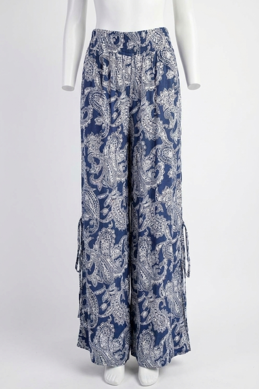 NEW EE:SOME paisley printed side tie wide leg pants in indigo